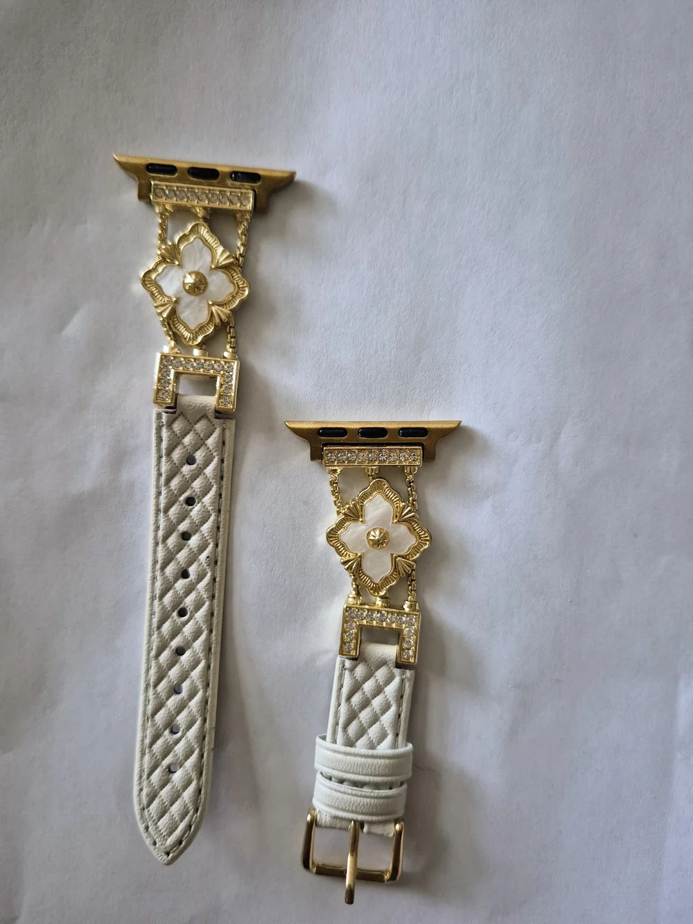 White Leather Watch Band with Gold Floral Connector